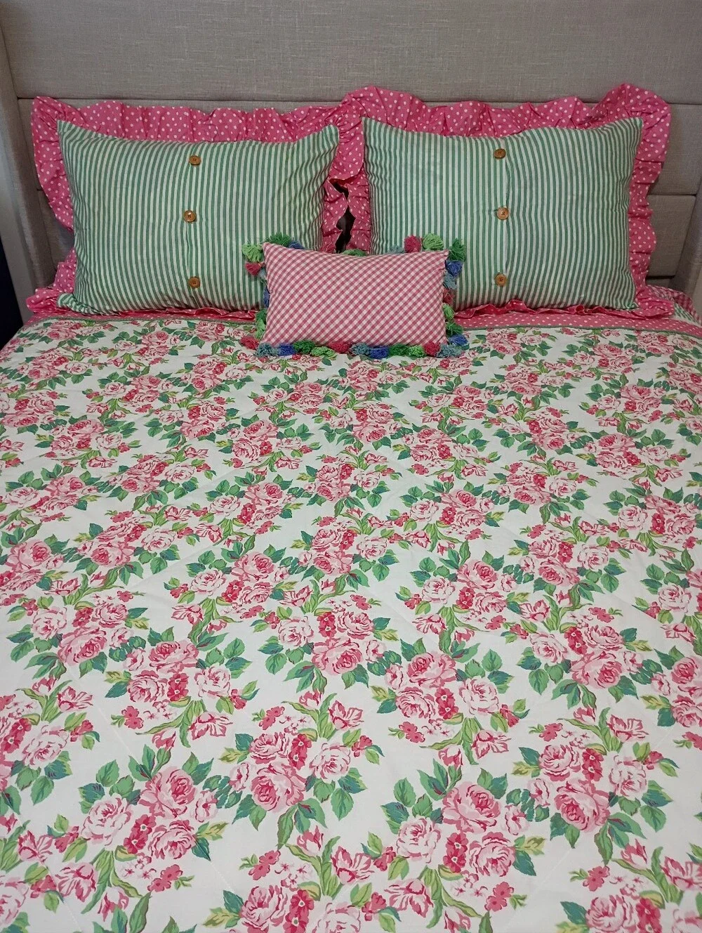 Matilda Jane Floral Pink Green Quilted Comforter Shams Pillow Set Full Queen NWT